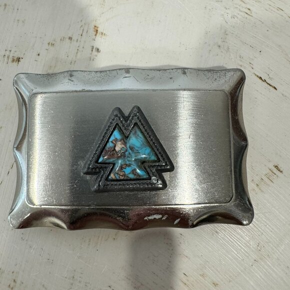 Vintage Silver Belt Buckle With Turquoise Southwest Arrowhead Mountain Inlay - Picture 1 of 3
